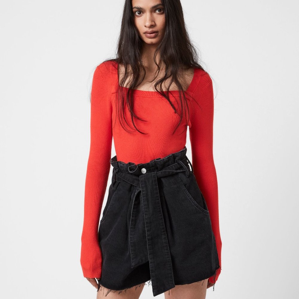 All Saints Bardi Square Neck Ribbed Top in Flame Red